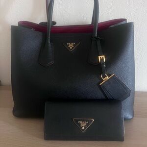 Prada Black Purse with Red Interior Detail and Matching Prada Leather Wallet